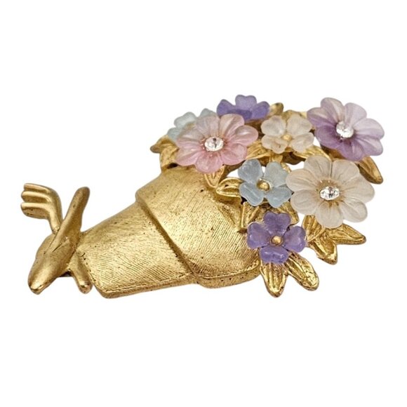 LIA Lucite Pink, Purple Blooms Garden Tools  Flower Pot Brooch Pin, Signed L496 - Picture 3 of 8